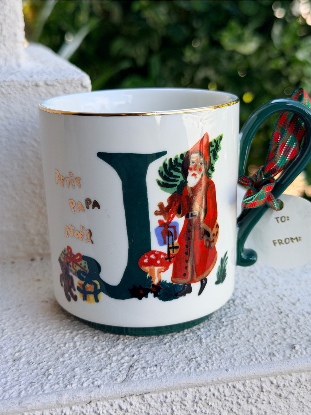 NWT Anthropologie Nathalie Lete Holiday Monogram J Mug Santa 2025 Christmas